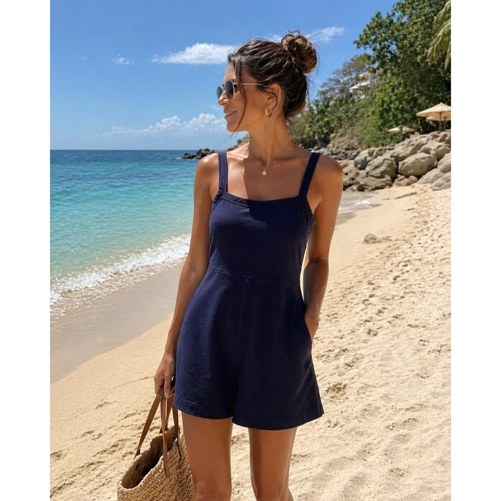 COS Sleeveless Romper Women XS Navy Blue Square Neck Cotton Modal Blend Jersey